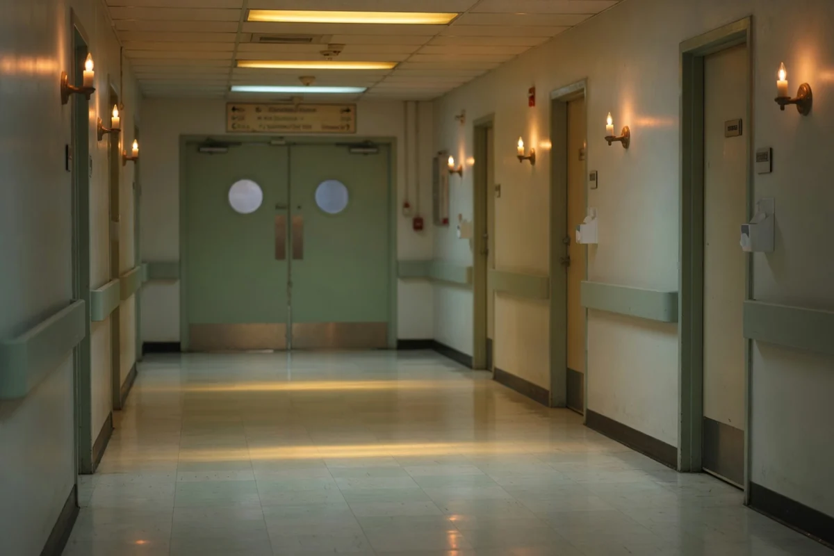 Coridor liniștit de spital spre ușă dublă de serviciu, indicator generic, lumină instituțională