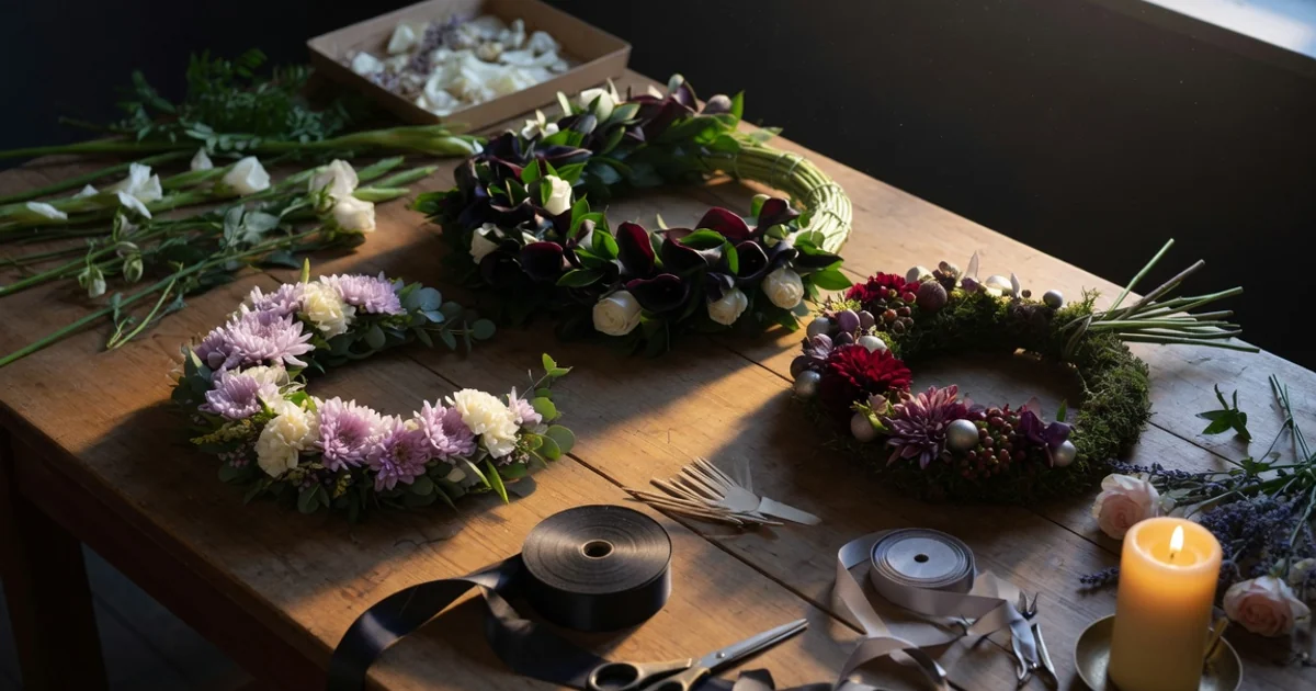 Masă de florărie cu mai multe coroane funerare în lucru