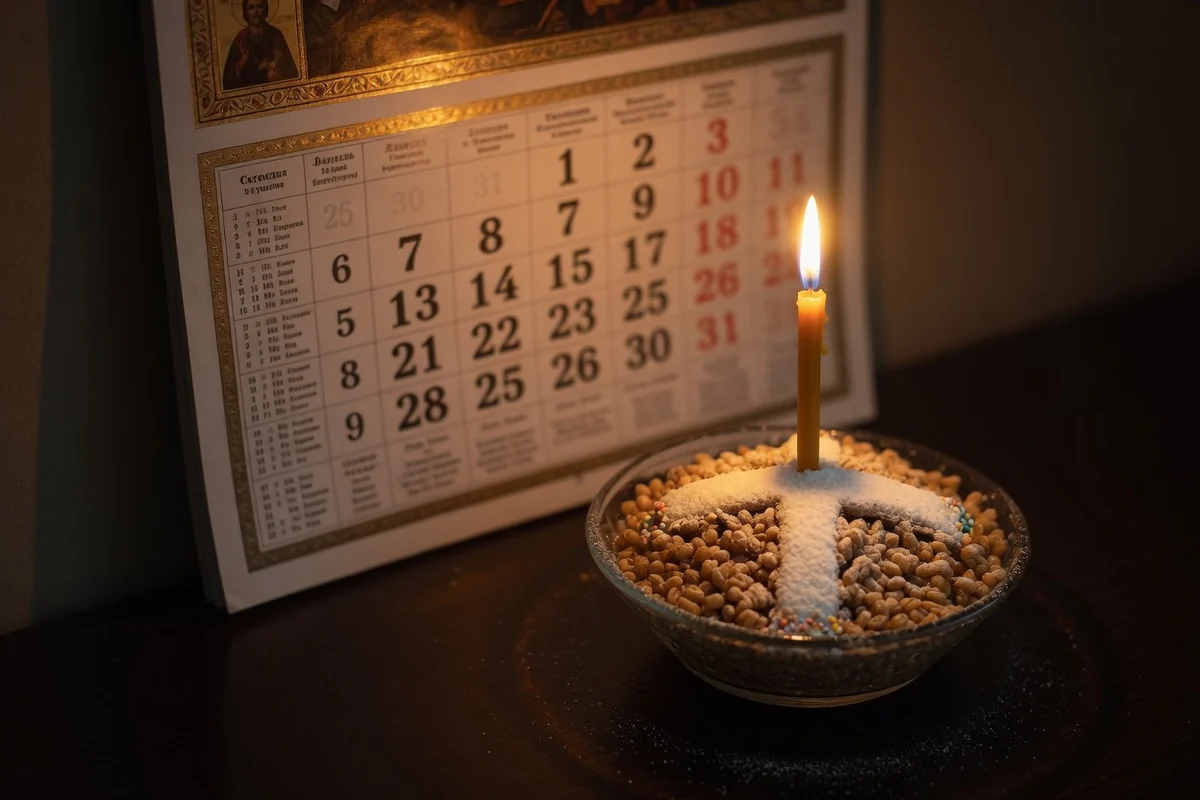 Orthodox wall calendar beside a small koliva with a cross and a lit candle — memorial dates