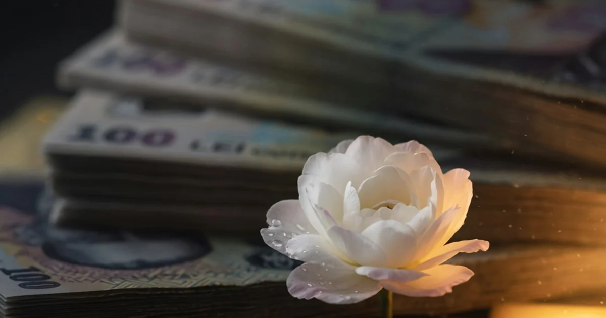 Romanian banknotes with a single white flower in focus