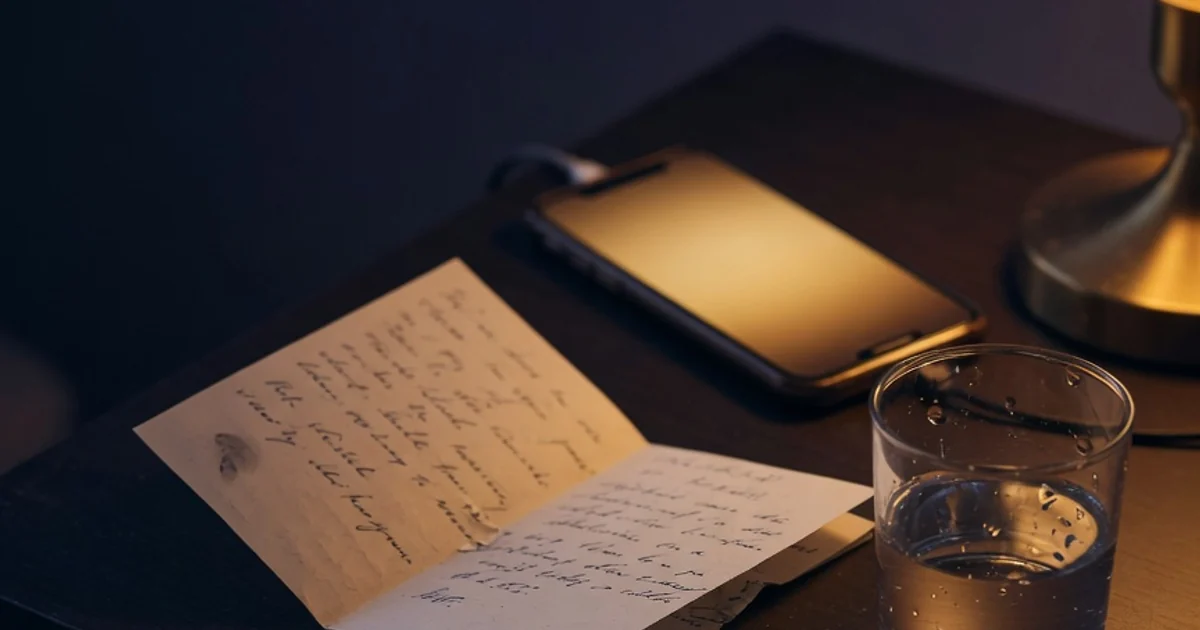 Bedside table with phone, handwritten note and glass of water
