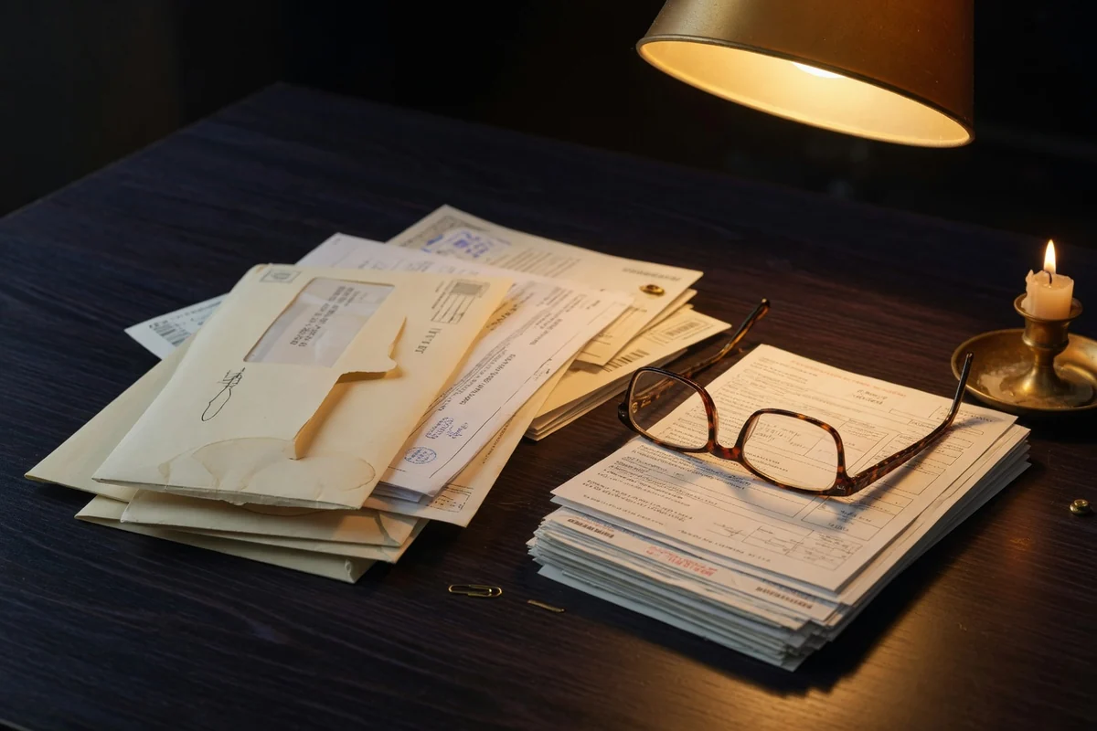 Teanc de facturi și plicuri oficiale lângă ochelari — birocrația după deces