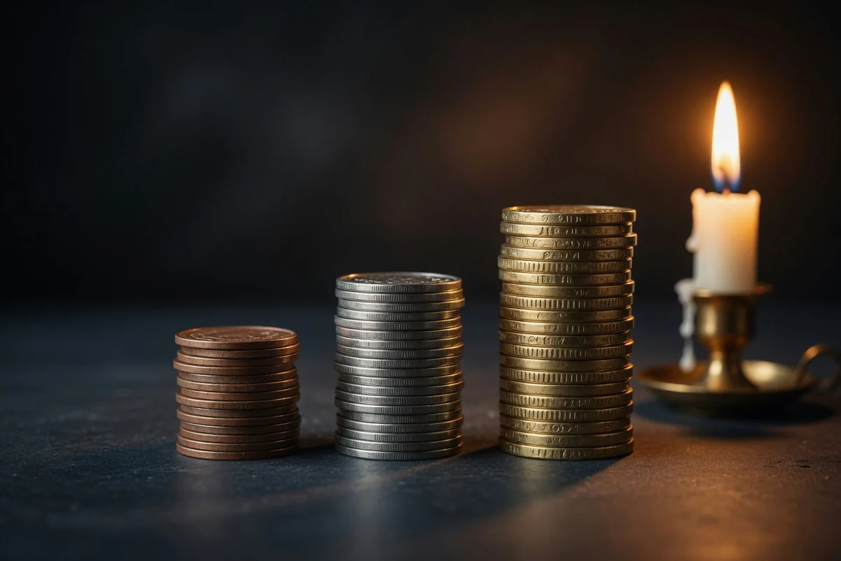 Three ascending coin stacks beside a candle — simple to premium funeral cost levels