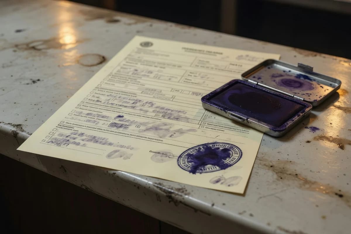 Official form on a counter with an ink stamp and pad — Annex 24, inheritance paperwork