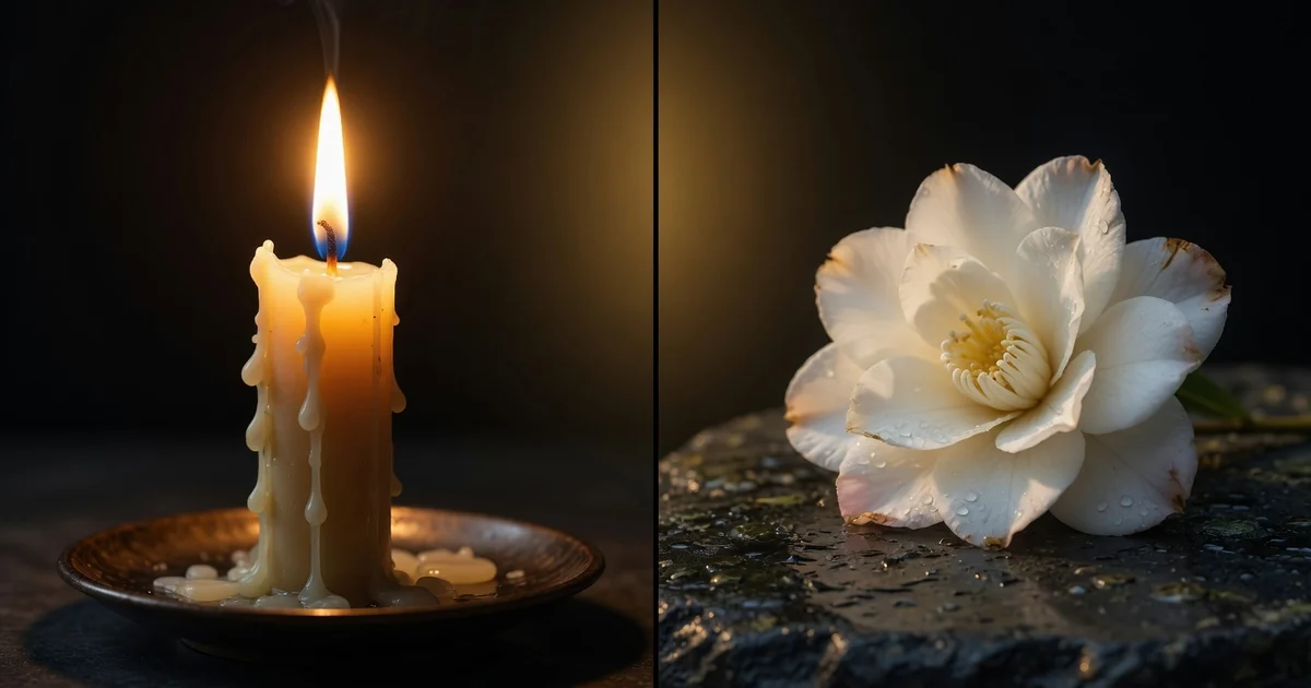 Split composition: lit candle and white flower on dark stone