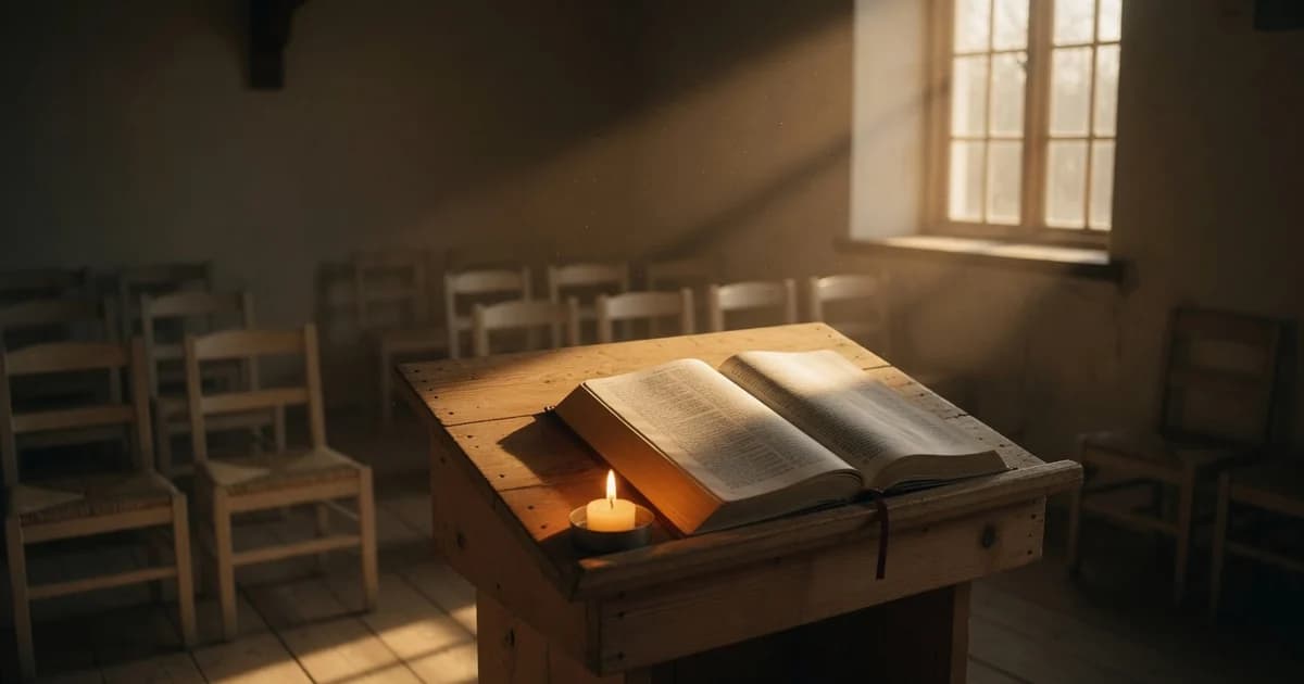 Biblie deschisă pe un amvon simplu de lemn într-o casă de rugăciune baptistă