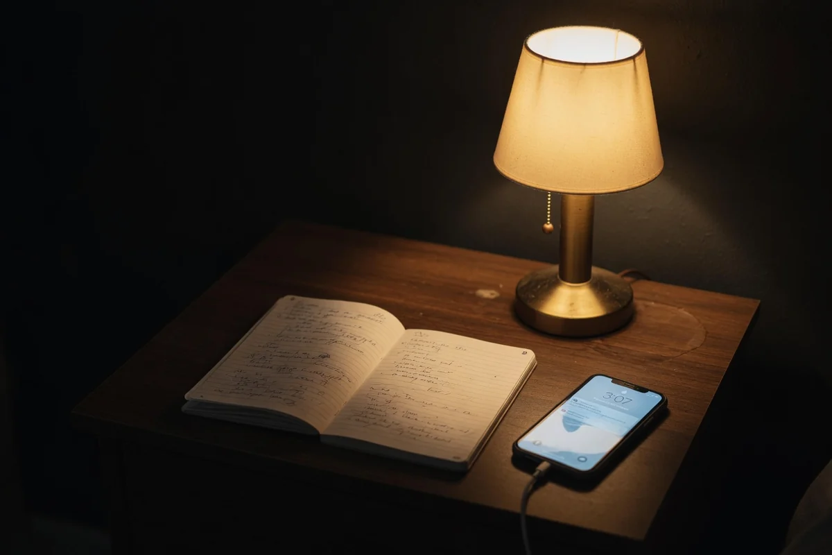 Noptieră la 3 noaptea: telefon, carnet cu listă scrisă de mână și lampă aprinsă