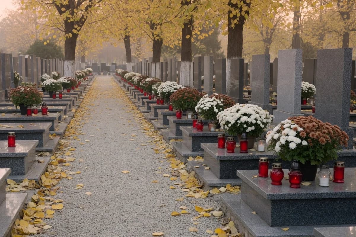 Alee liniștită de cimitir cu copaci toamna, morminte îngrijite în fundal — opțiunea înhumării