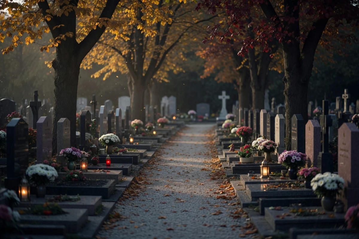 Quiet autumn cemetery alley with trees and tended graves in the background — burial option