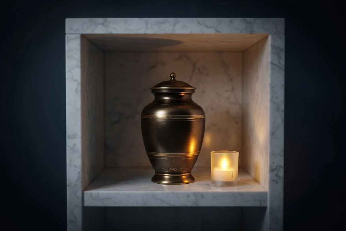 Elegant cremation urn inside a marble columbarium niche with a small LED candle