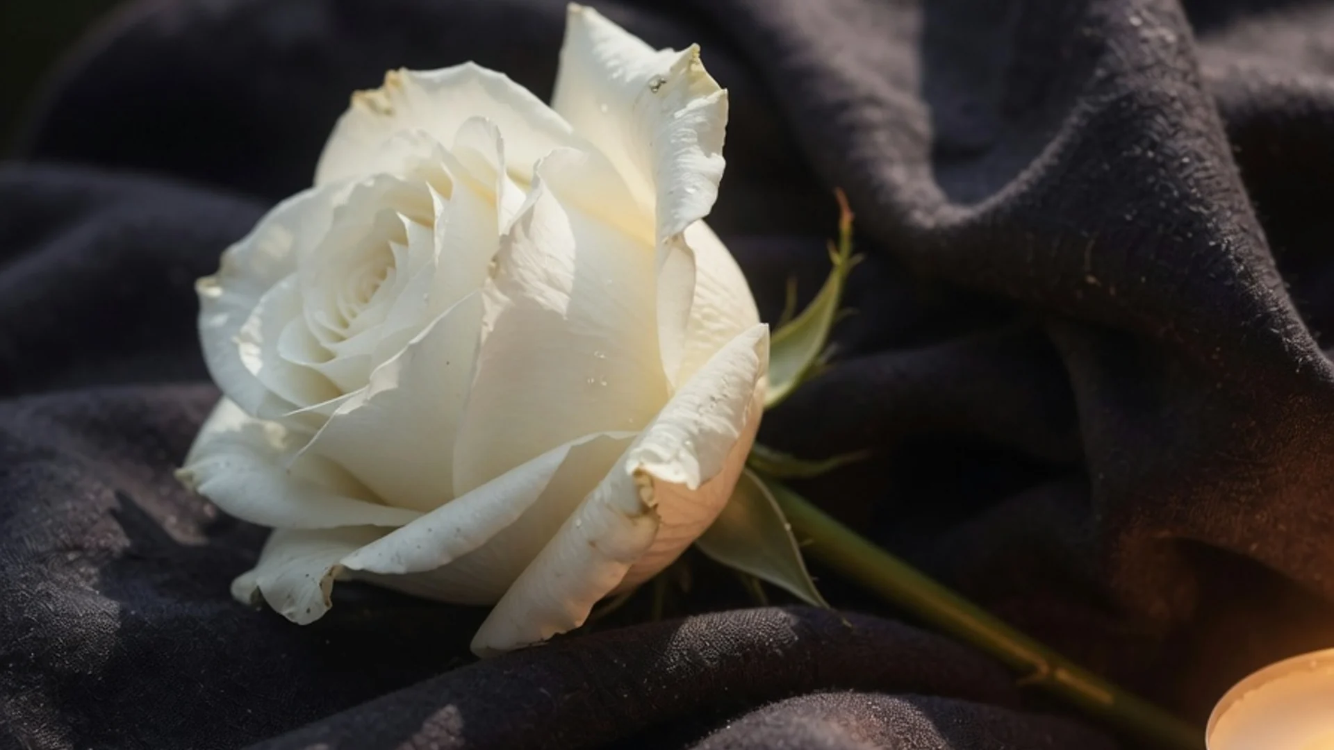 Single white rose on dark fabric, gentle close-up
