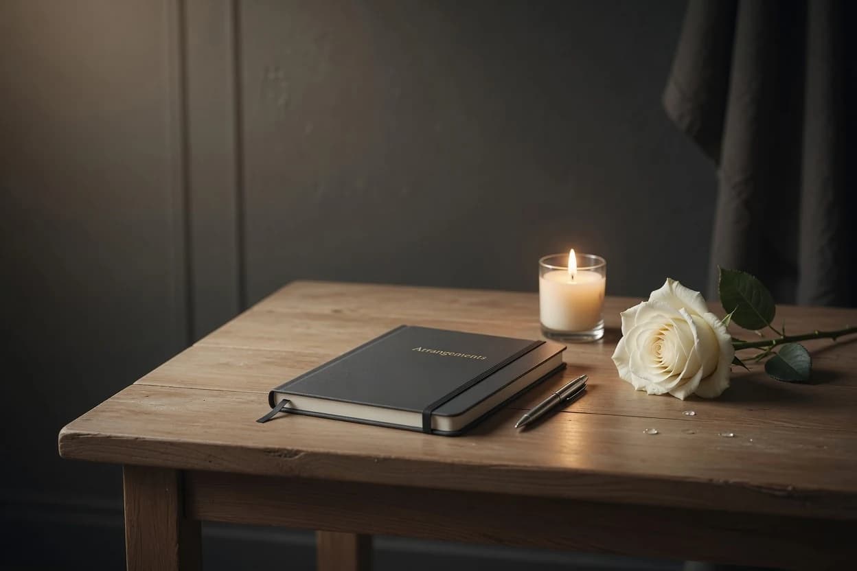 Calm consultation desk with lamp, notebook and white rose — illustrative image
