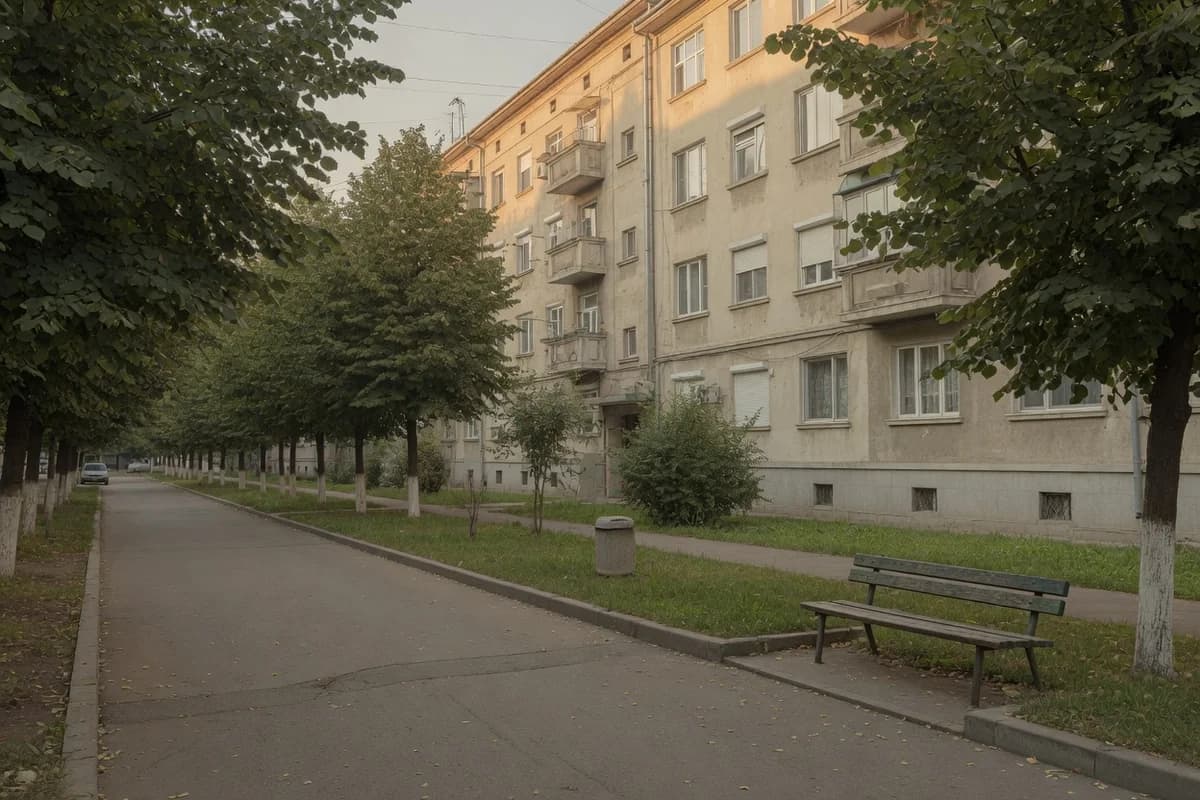 Tree-lined paved walkway with a wooden bench running alongside an older apartment block with balconies