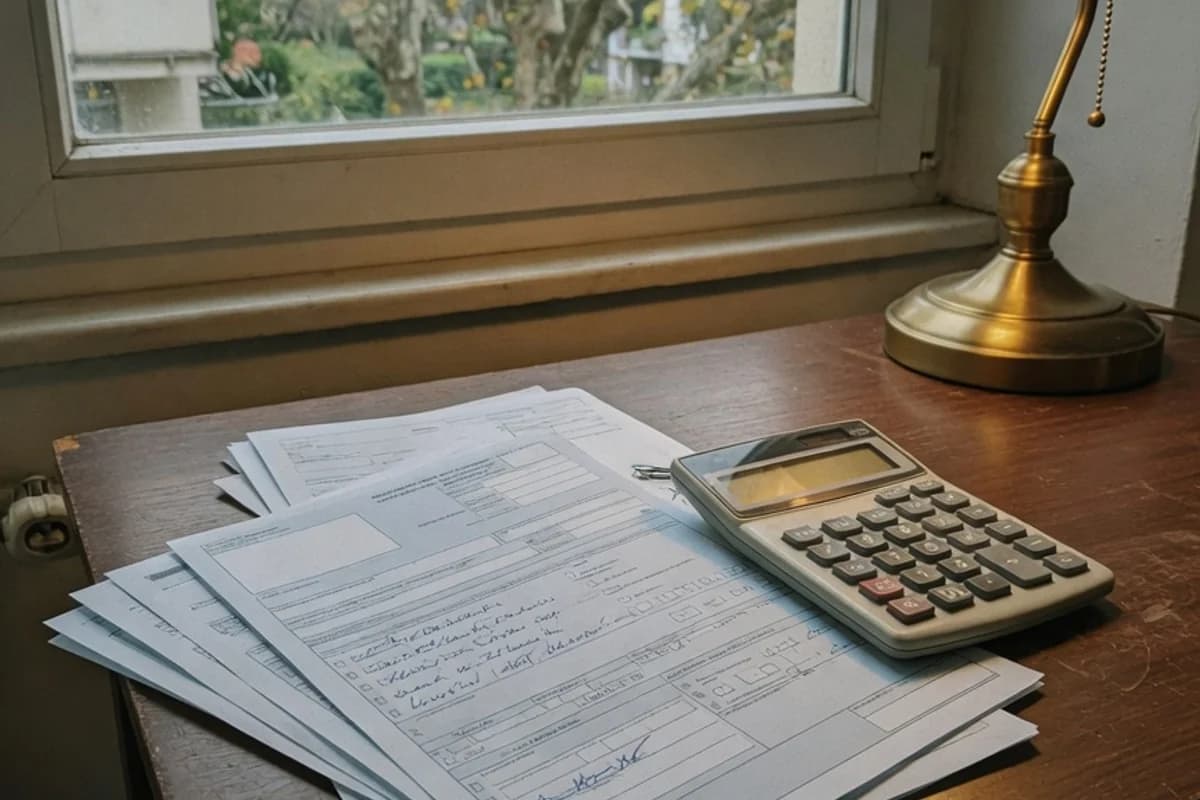 Calculator și un formular de cerere pe un birou, lângă o lampă caldă, Sectorul 1, București