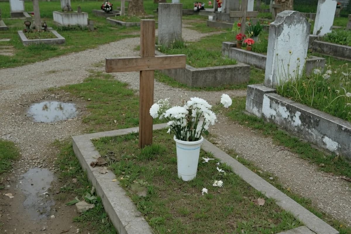 Aranjament cu flori albe lângă o cruce de lemn la mormânt, Sectorul 1, București