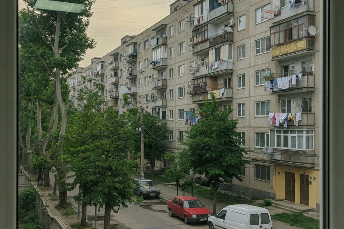 Vedere din birou spre blocuri rezidențiale bucureștene, Sectorul 1, București