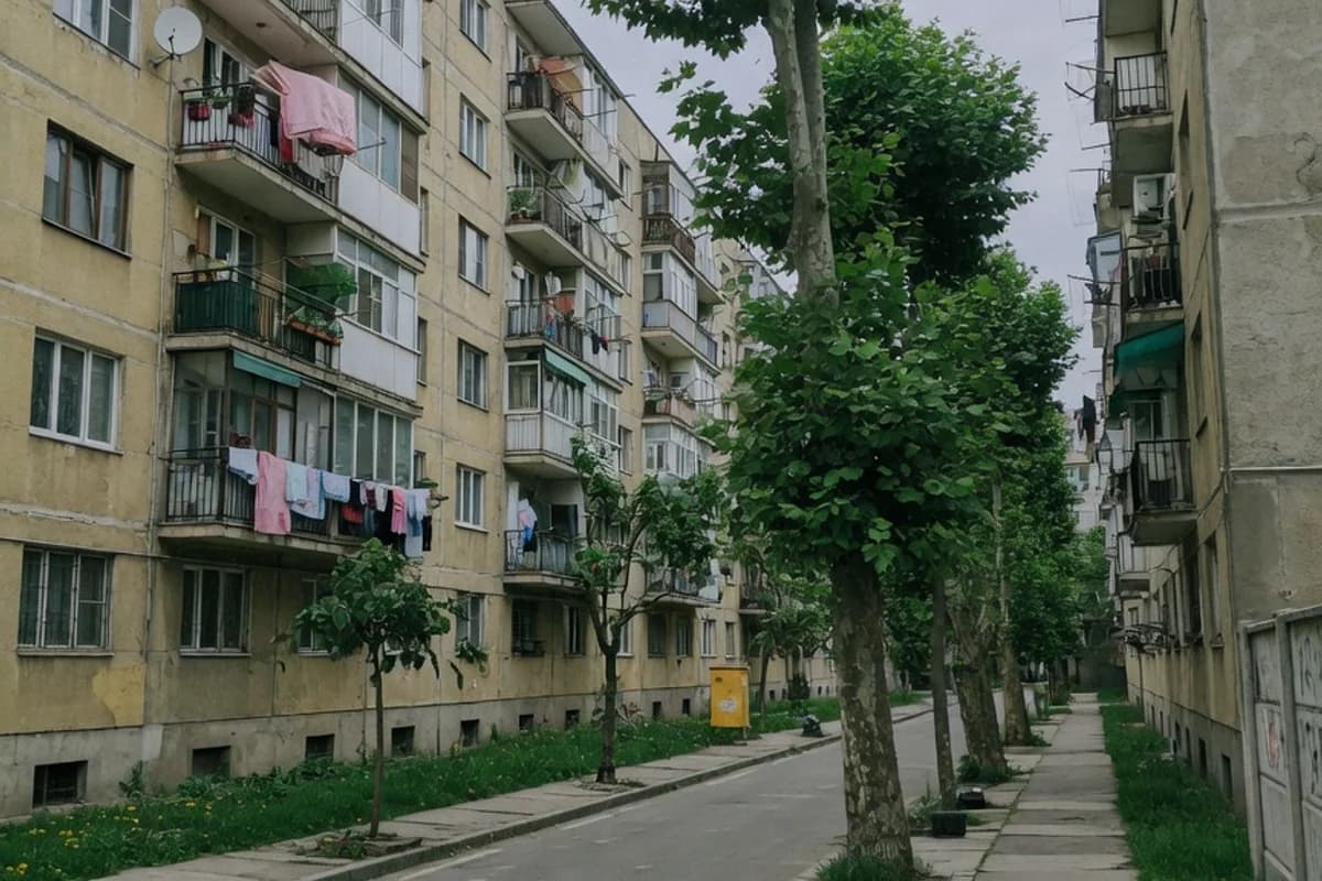 Stradă laterală cu blocuri vechi și tei, lumină de dimineață, Sectorul 1, București