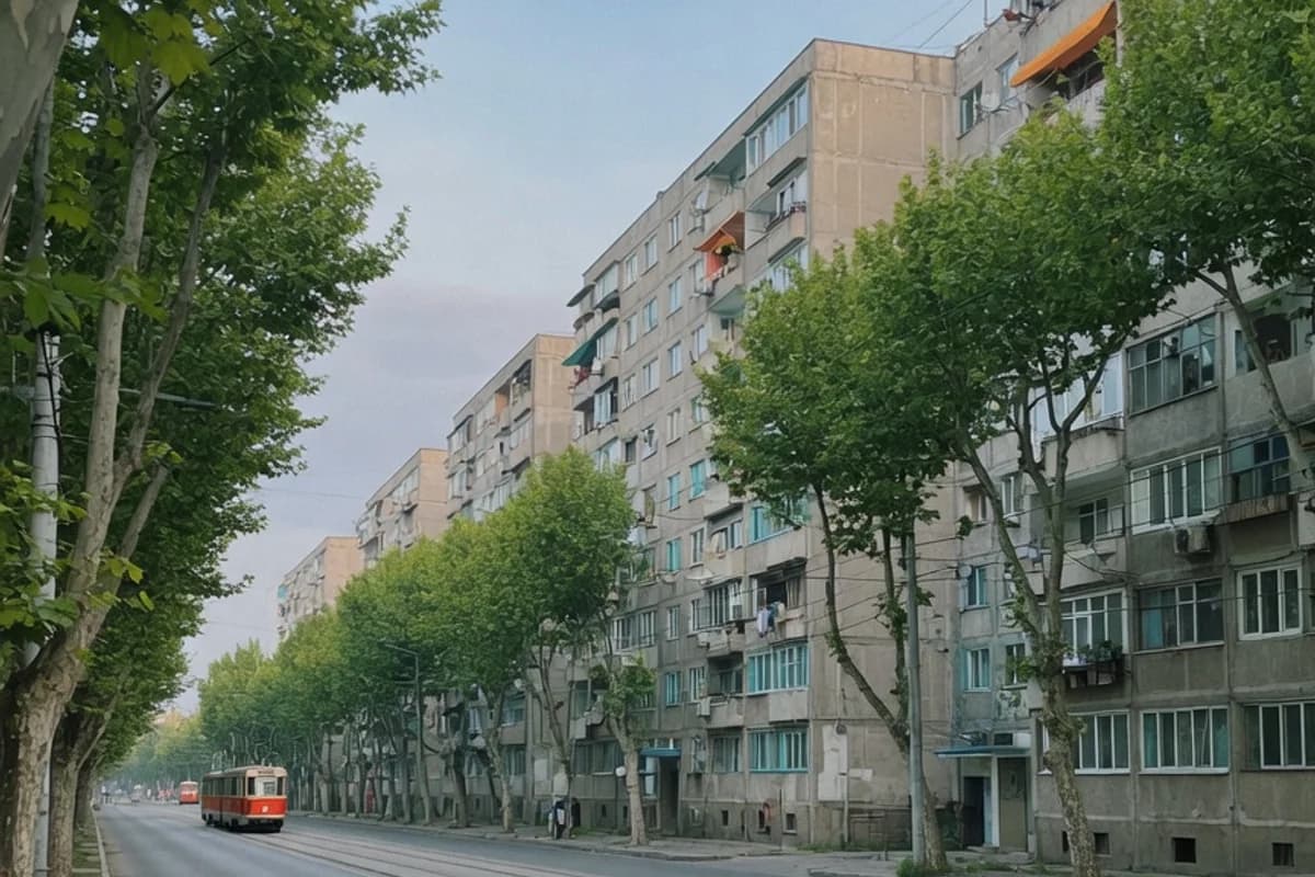 Bulevard rezidențial cu blocuri și tramvai în depărtare, Sectorul 1, București