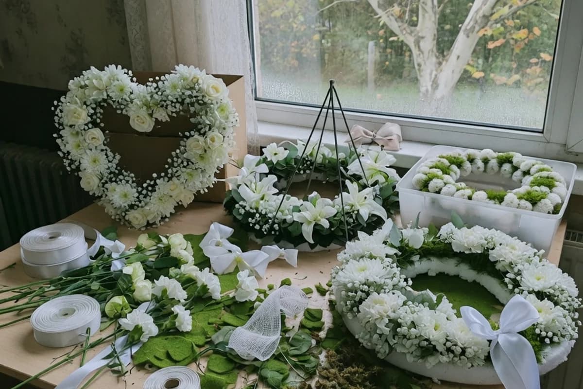 Masă de florărie cu mai multe coroane funerare în lucru, Sectorul 1, București