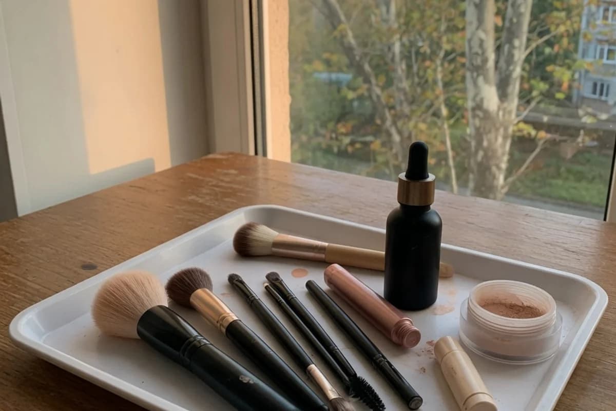 Detaliu cosmetic: pensule fine și produse discrete pe o masă, Sectorul 1, București