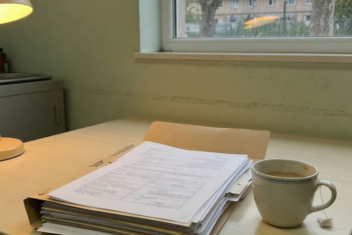 Dosar de acte pe o masă simplă, lângă o cană de ceai, Sectorul 1, București