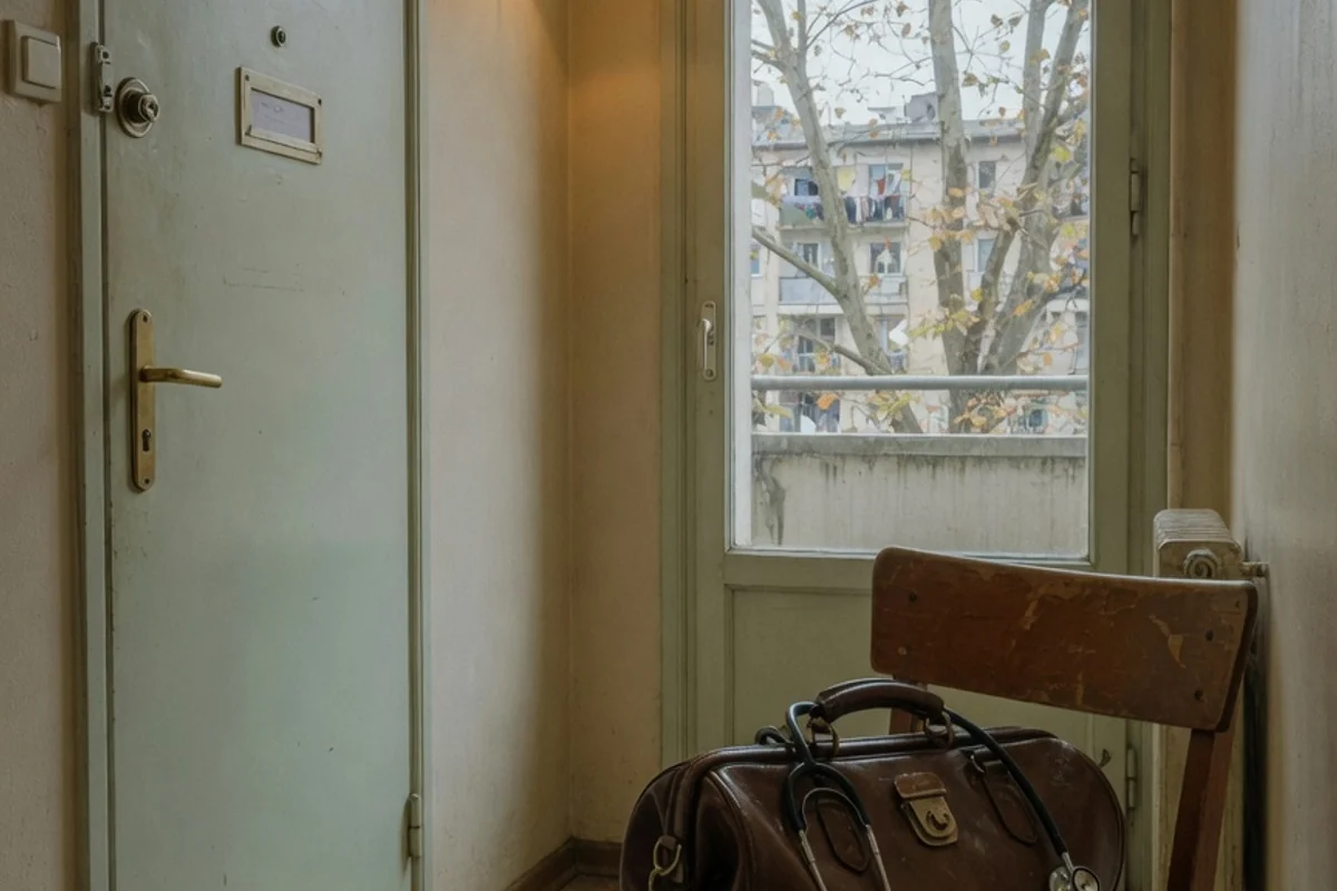 Geantă de medic și stetoscop lângă ușa unui apartament, Sectorul 1, București