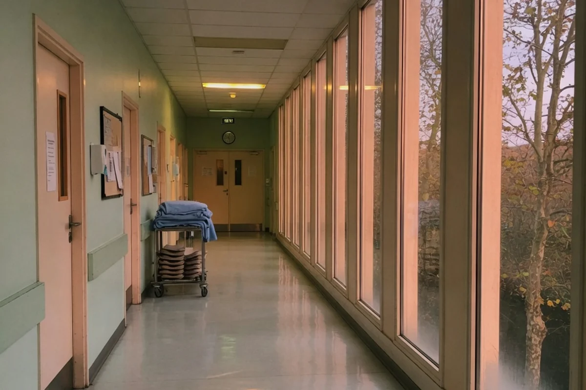 Coridor de spital liniștit, gol, în lumina caldă a serii, Sectorul 1, București