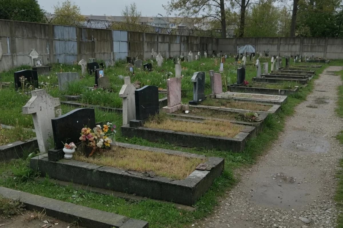 Alee uzată între morminte, cer gri, Sectorul 1, București