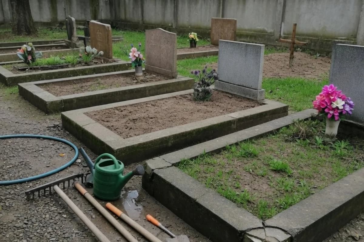 Unelte de grădină lângă un mormânt, pregătite pentru lucrare, Sectorul 1, București