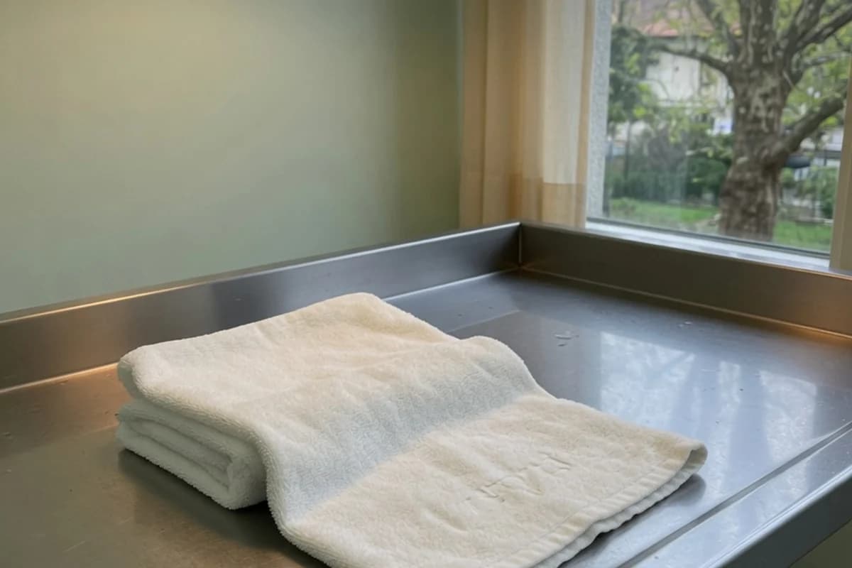 Cabina de pregătire: prosop alb și suprafață inox curată, Sectorul 1, București