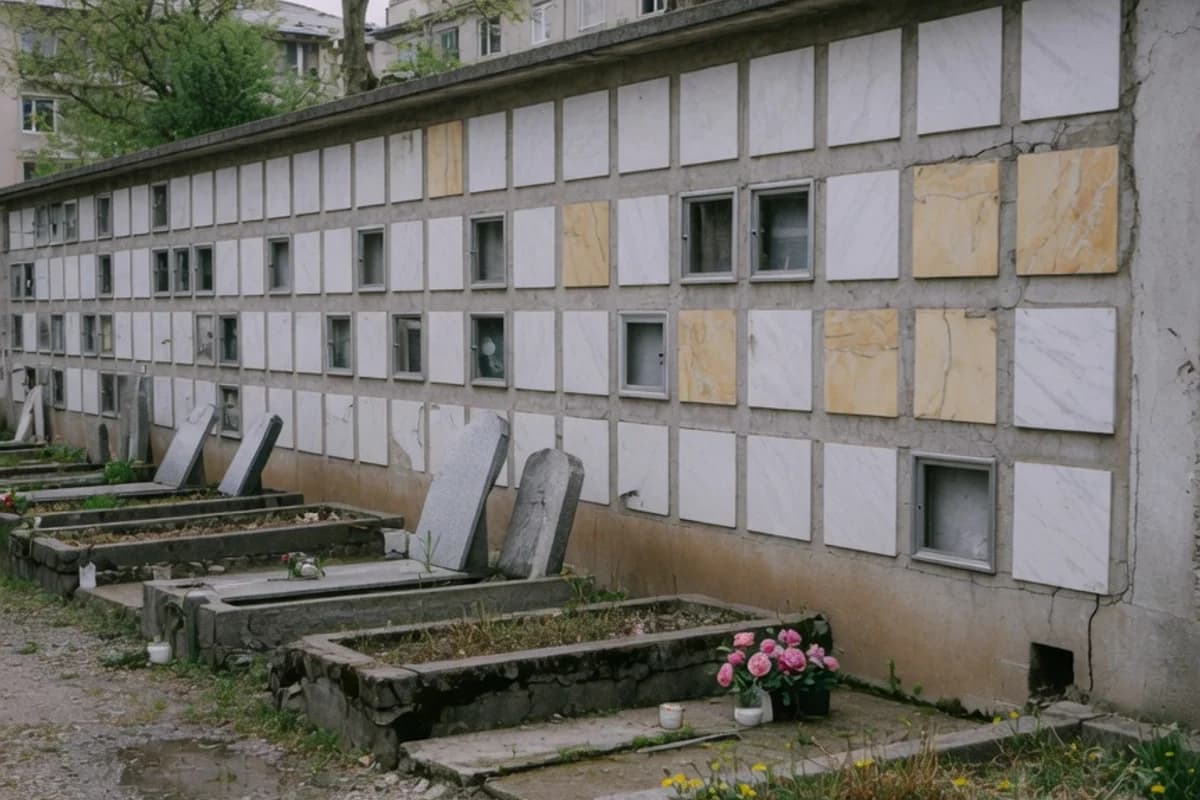 Perete de columbar modern cu nișe de marmură și o lumânare, Sectorul 1, București