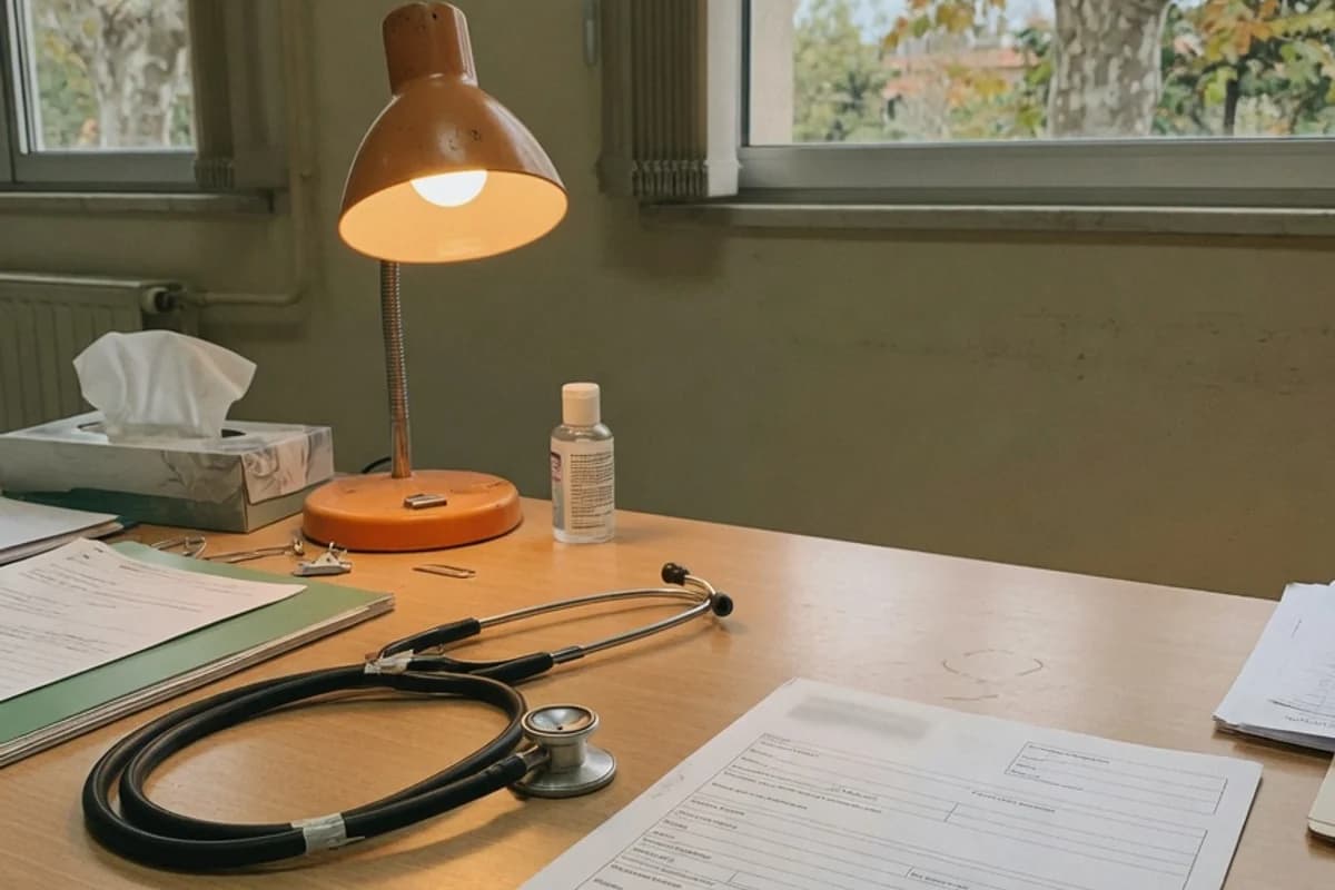 Biroul unui medic — stetoscop lângă un formular și un stilou, Sectorul 1, București