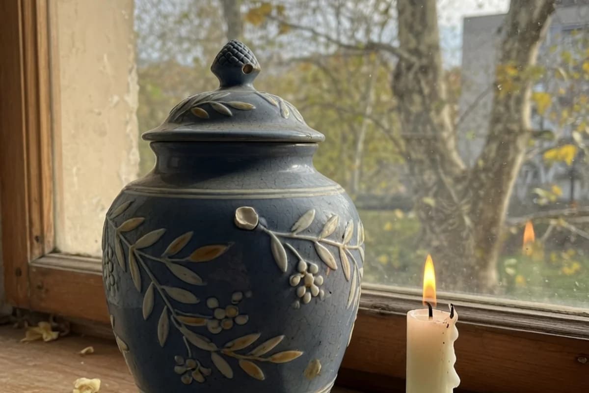 Urnă ceramică decorativă lângă o lumânare albă, Sectorul 1, București