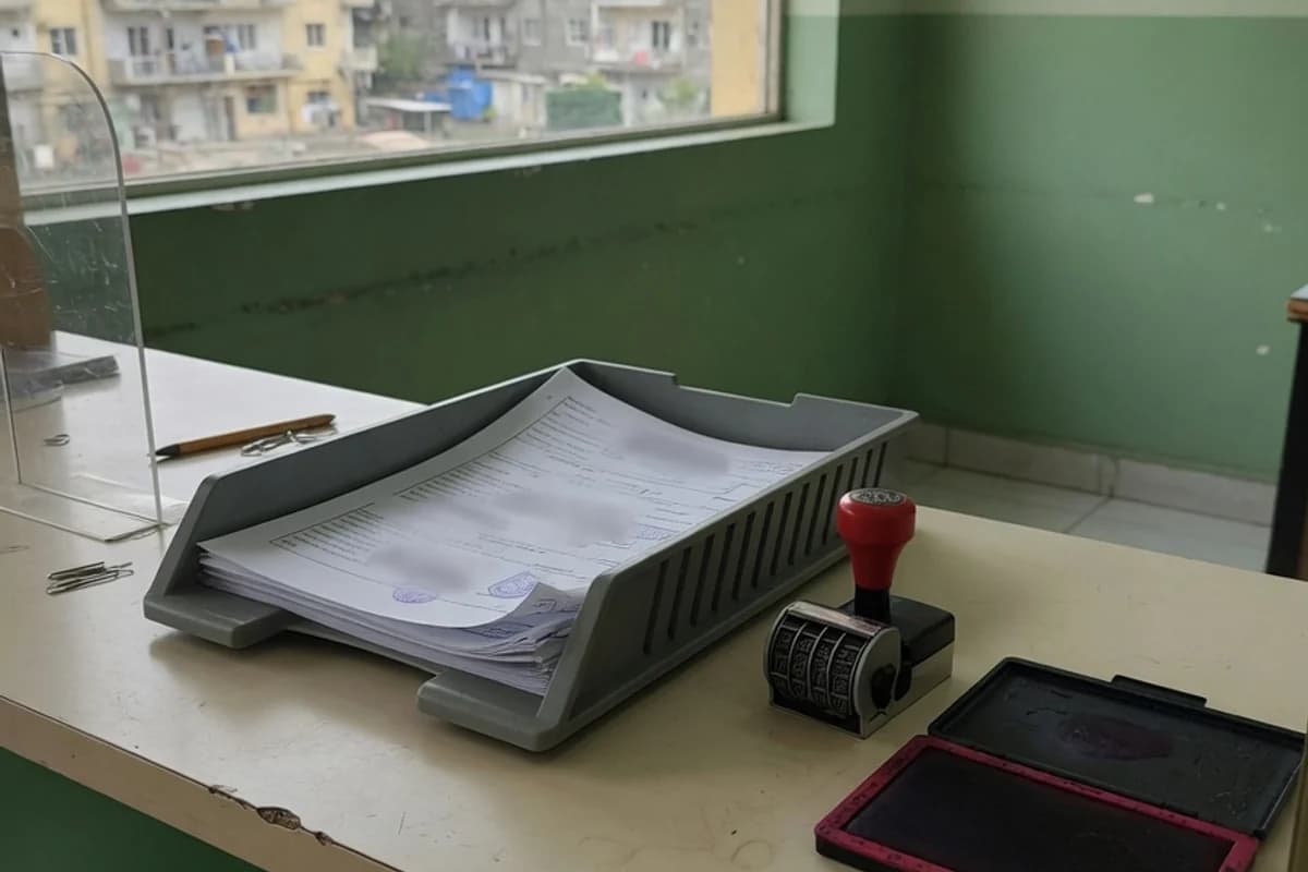 Ghișeu de birou cu o tavă de documente și o ștampilă, Sectorul 2, București