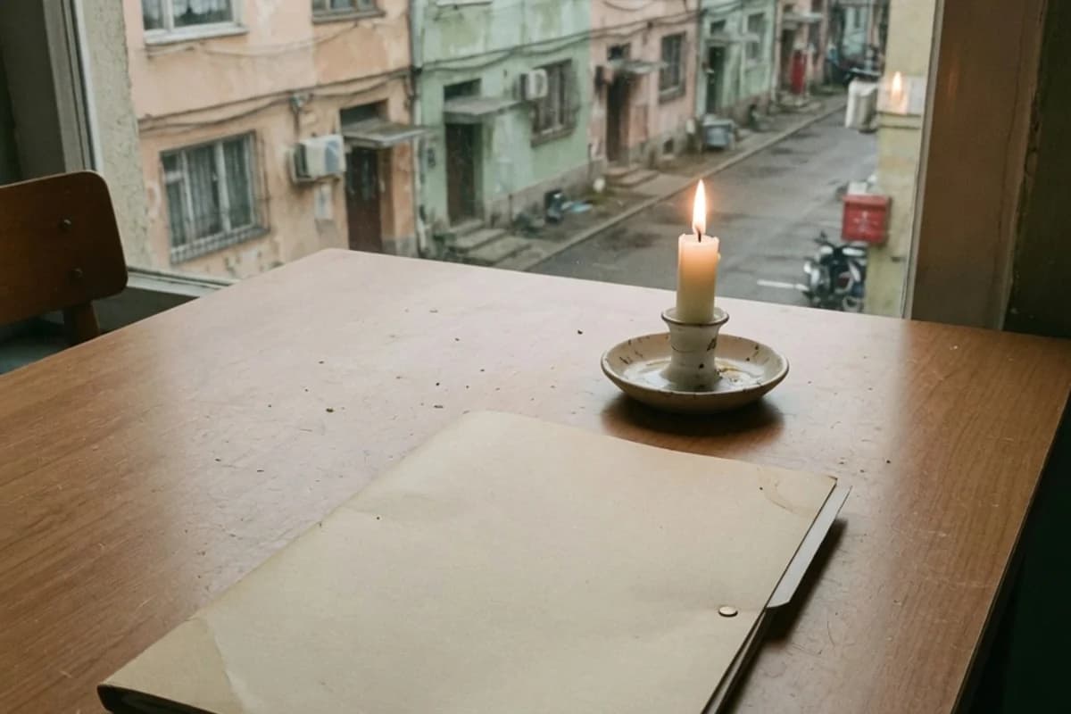 Un dosar de documente lângă o lumânare, pe o masă de familie, Sectorul 2, București