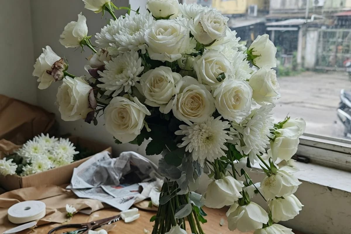 Aranjament floral alb pe catafalc, lumină blândă, Sectorul 2, București