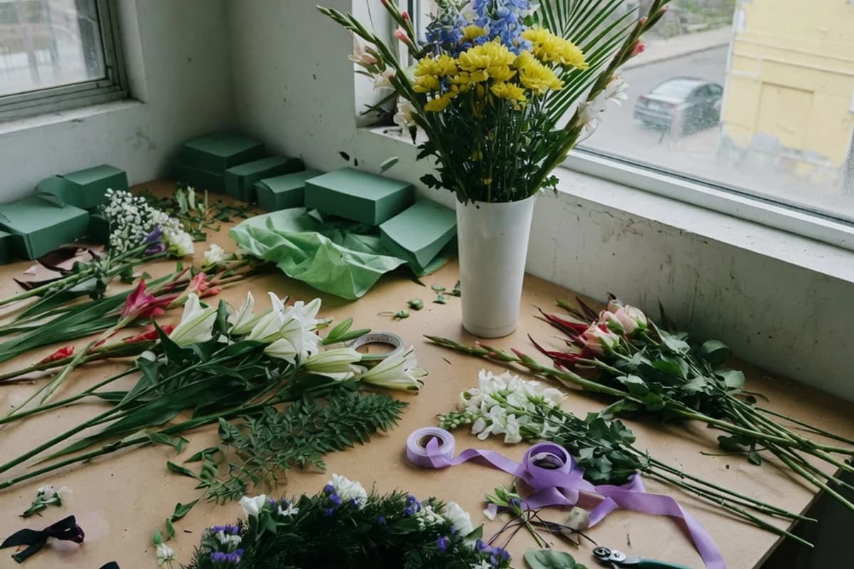 Masă de florărie cu aranjamente funerare în lucru, Sectorul 2, București