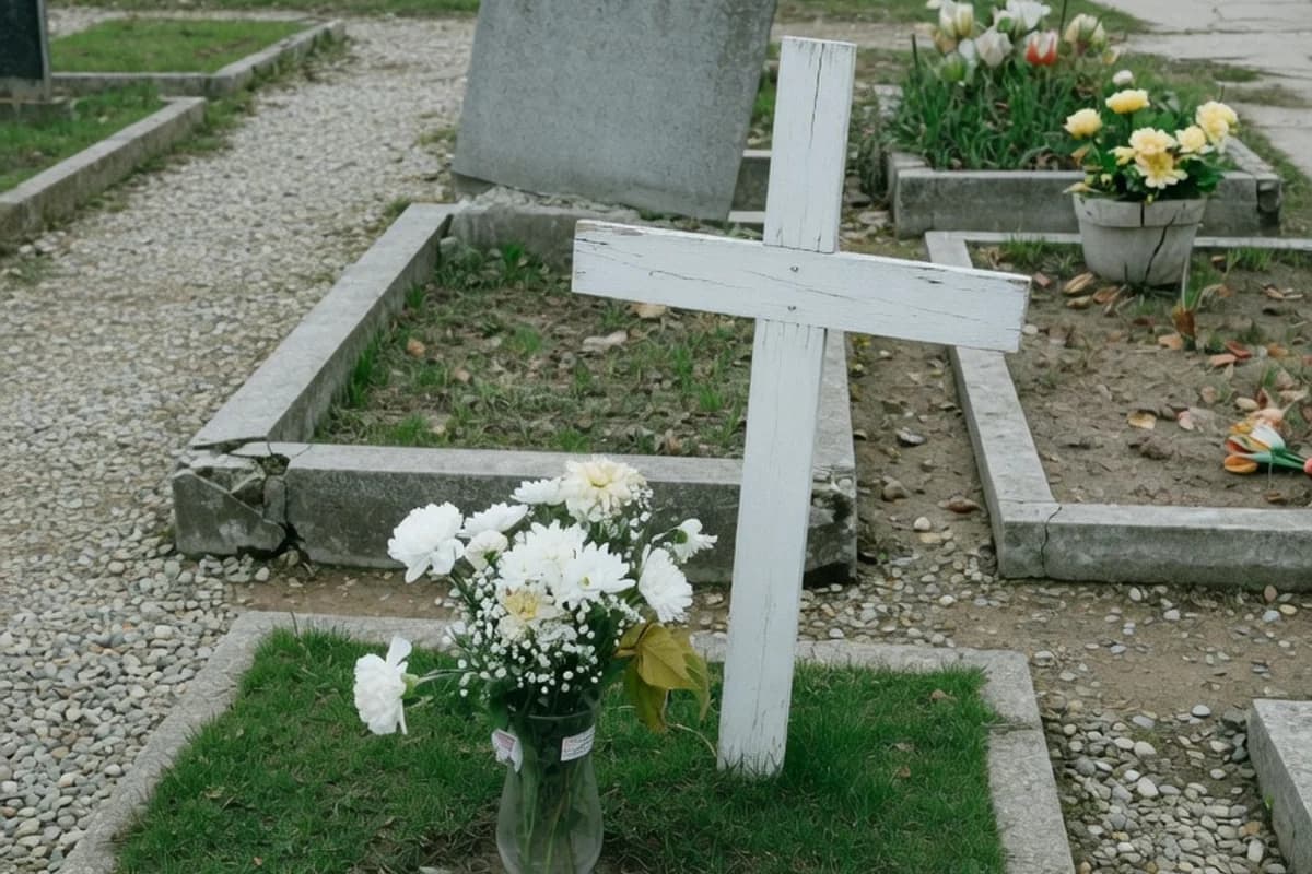 Aranjament cu flori albe lângă o cruce de lemn la mormânt, Sectorul 2, București