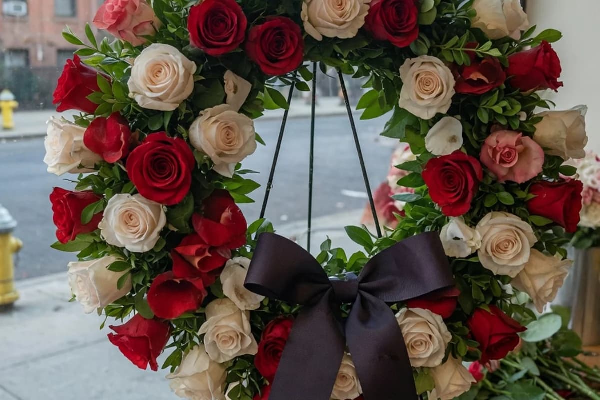 Coroană funerară premium din trandafiri roșii și albi, pe stativ, Sectorul 2, București