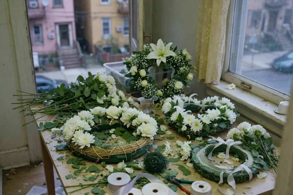 Masă de florărie cu mai multe coroane funerare în lucru, Sectorul 2, București