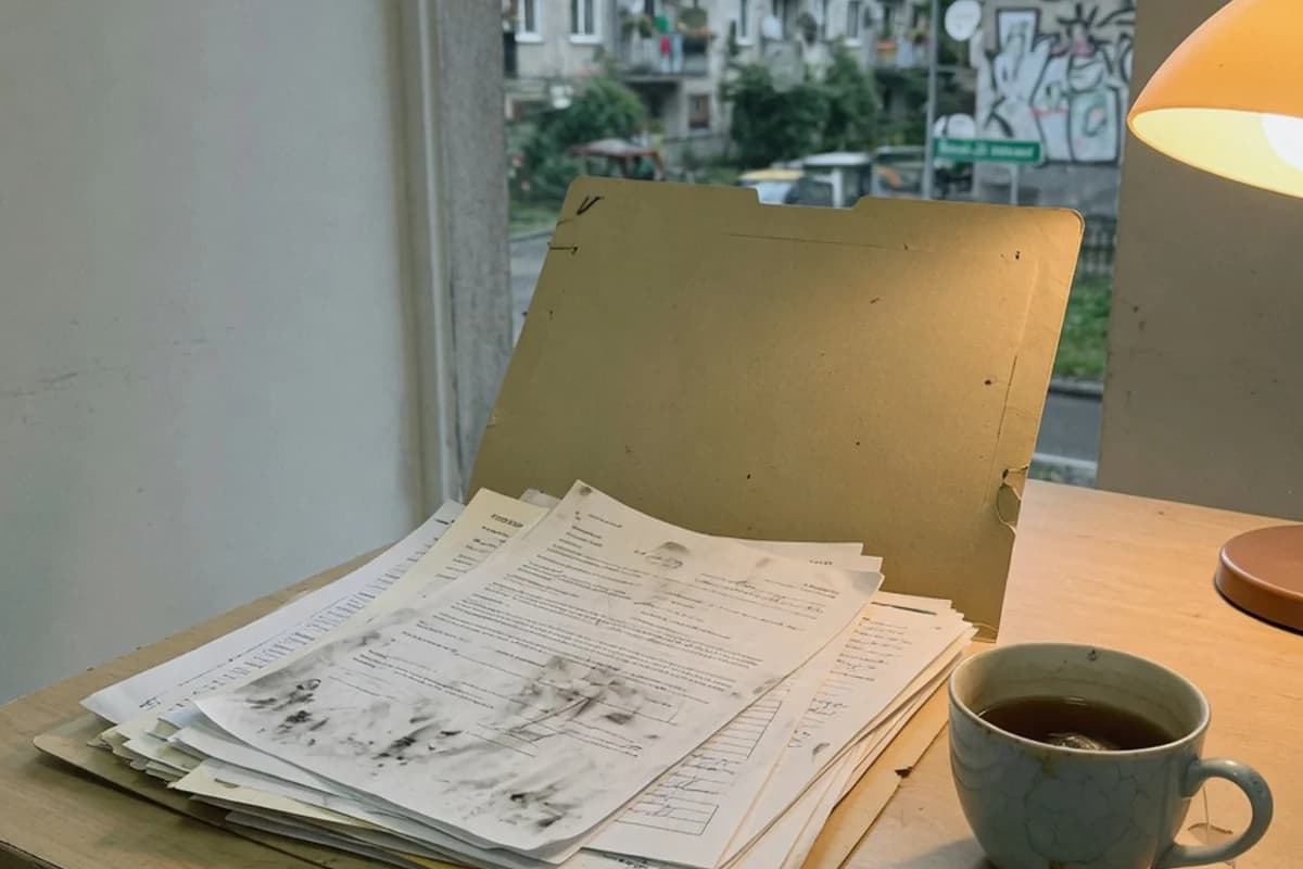 Dosar de acte pe o masă simplă, lângă o cană de ceai, Sectorul 2, București