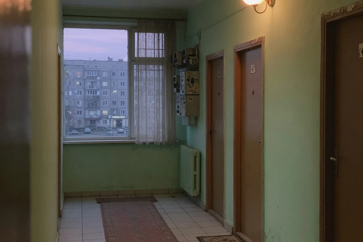 Holul unui bloc de locuințe noaptea, cu lumină caldă, Sectorul 2, București
