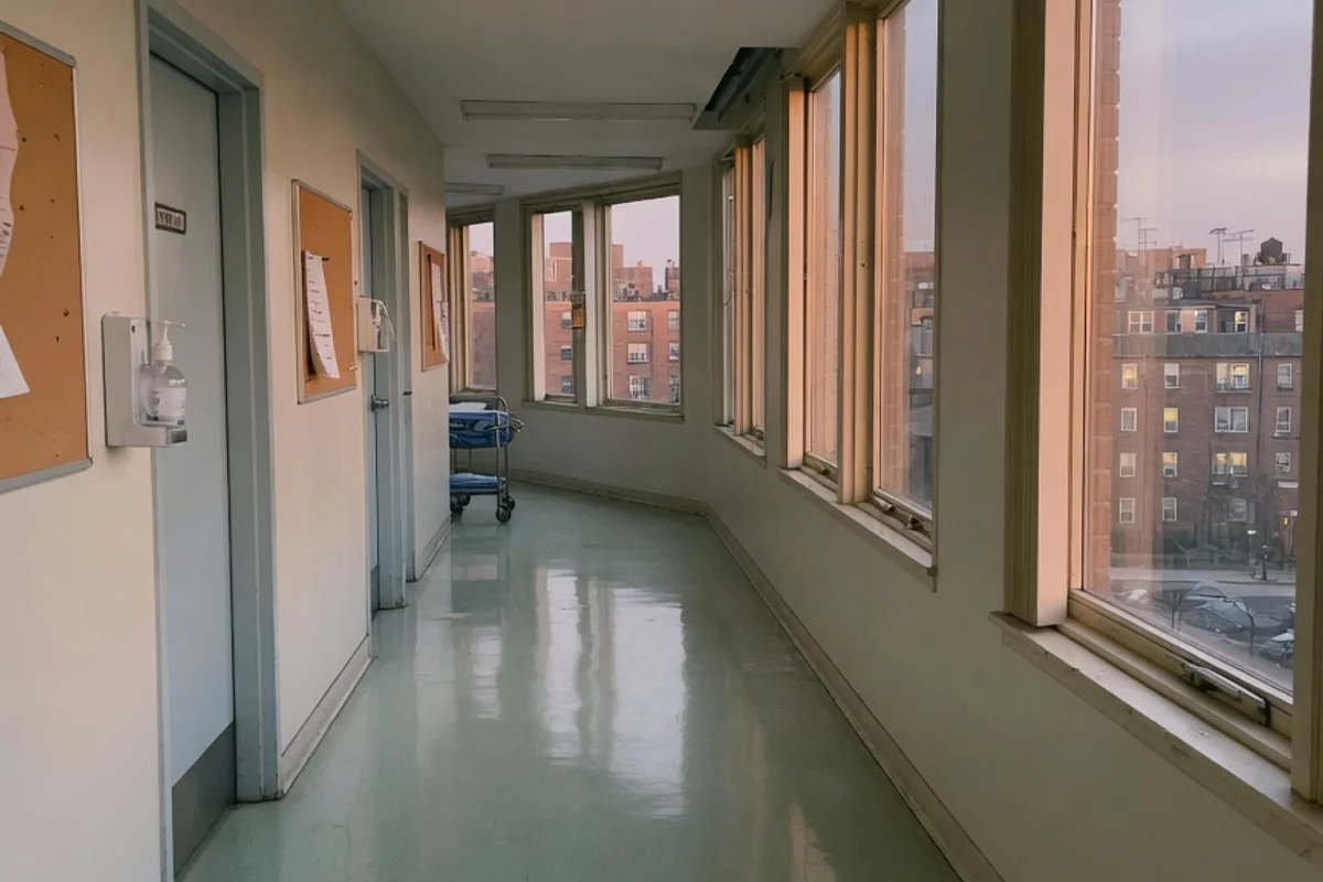 Coridor de spital liniștit, gol, în lumina caldă a serii, Sectorul 2, București