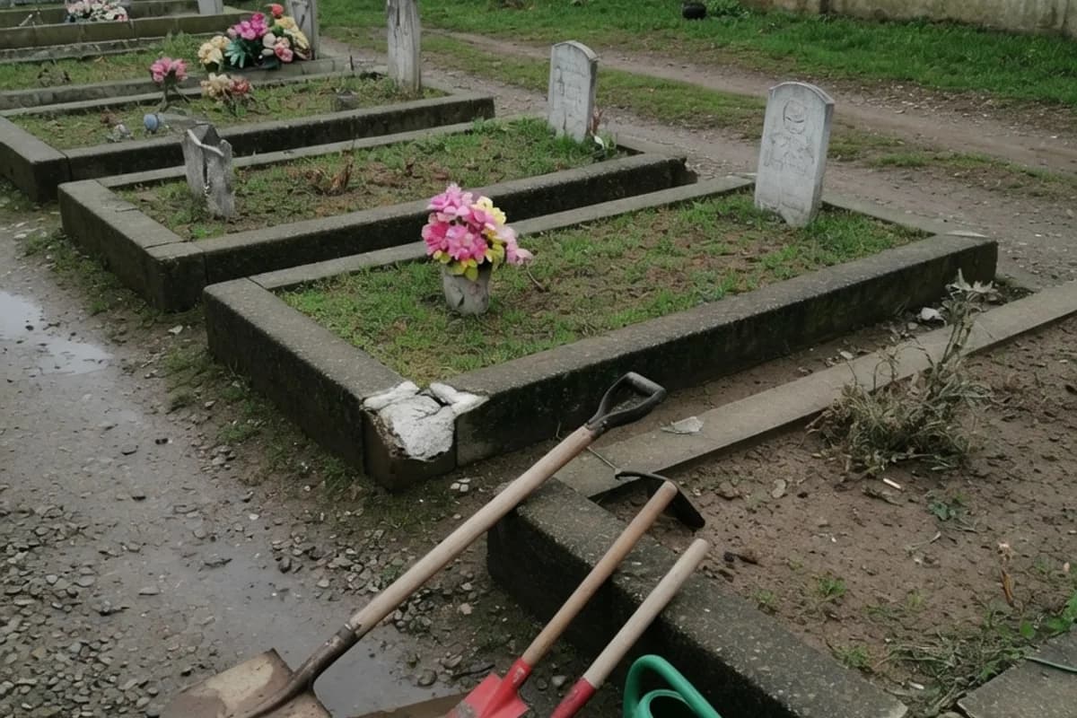 Unelte de grădină lângă un mormânt, pregătite pentru lucrare, Sectorul 2, București