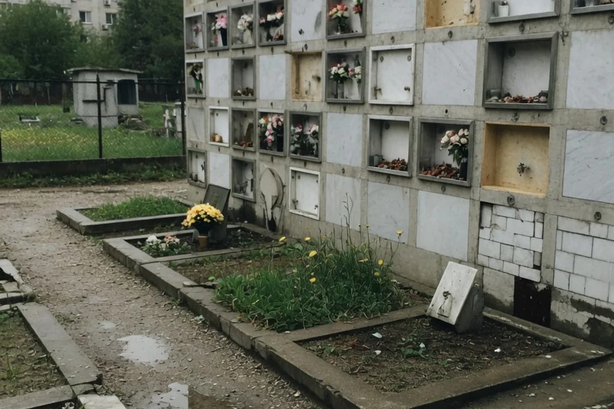 Perete de columbar modern cu nișe de marmură și o lumânare, Sectorul 2, București