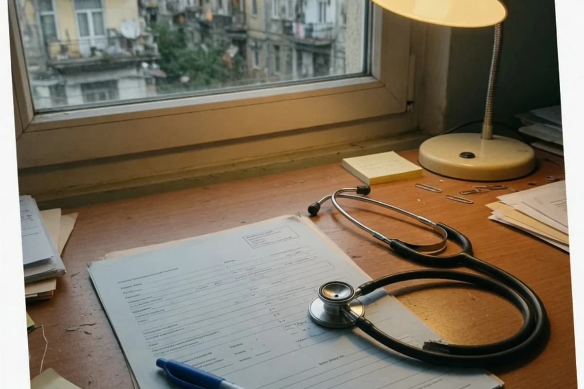 Biroul unui medic — stetoscop lângă un formular și un stilou, Sectorul 2, București