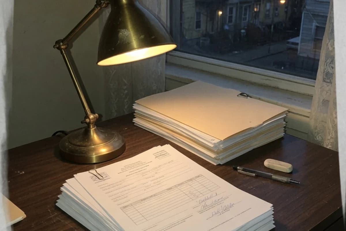Documente și o veioză caldă pe un birou întunecat, Sectorul 2, București