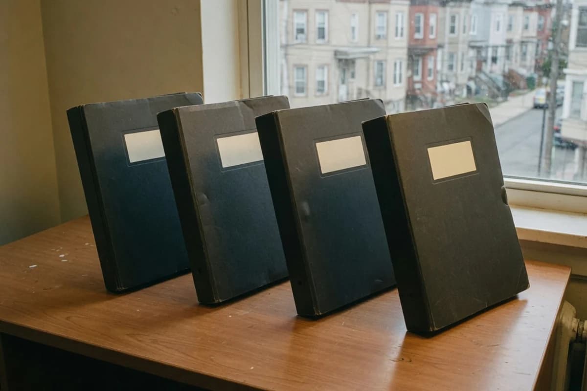 Patru mape aliniate pe un birou — cele patru pachete funerare, Sectorul 2, București