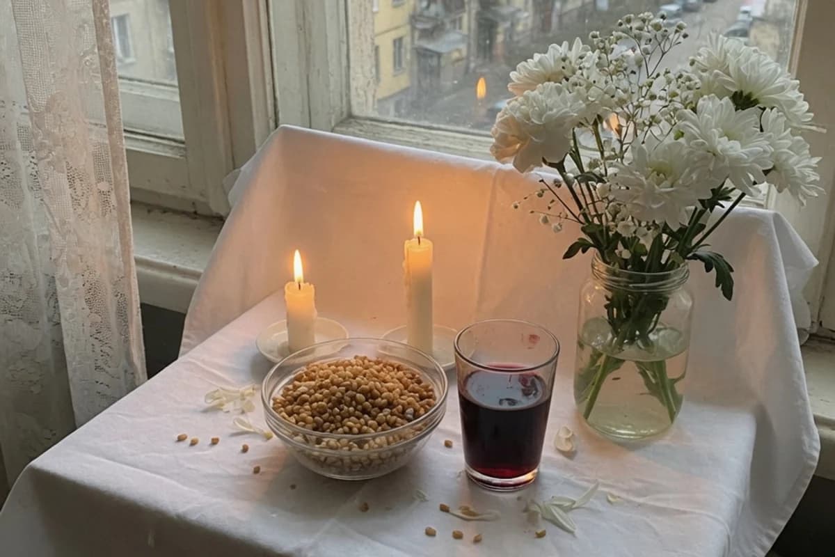 Masă de pomenire cu lumânări, grâu și vin, acasă, Sectorul 2, București