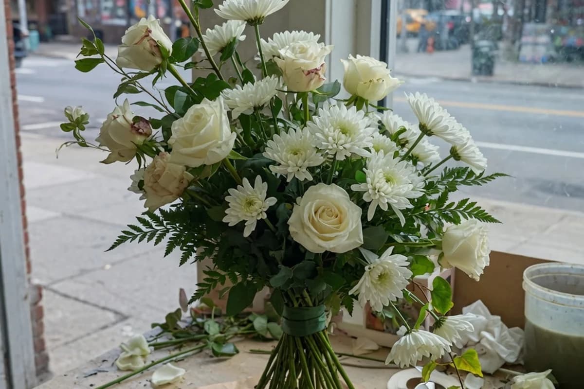 Aranjament floral alb pe catafalc, lumină blândă, Sectorul 3, București